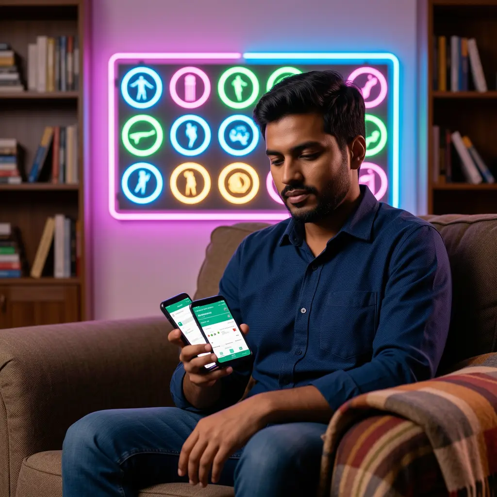 444K App – Enjoy a premium sports betting experience on your mobile in Bangladesh Stylish Bangladeshi man relaxing in a modern living room while using the 444K sports betting app with glowing cricket icons behind him